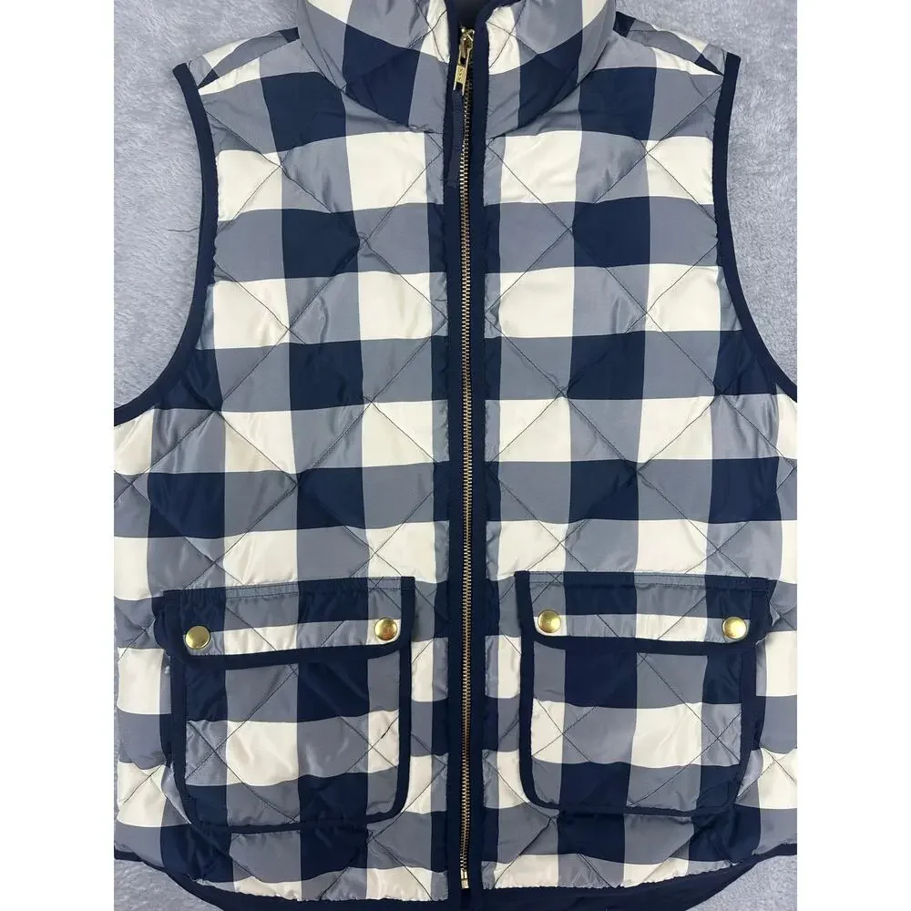 J Crew Excursion Quilted Down Puffer Vest Buffalo Plaid Navy Cream NWOT - S